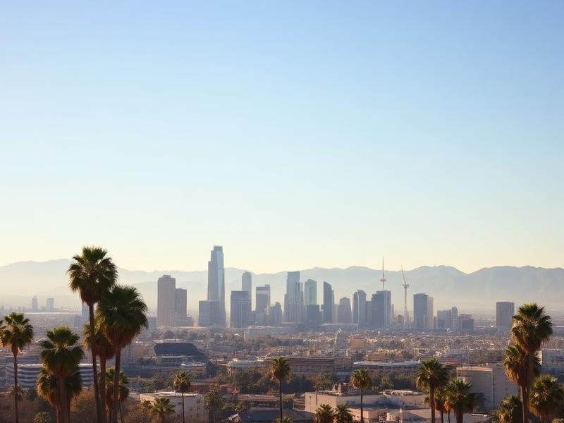 Los Angeles skyline with palm trees and mountains