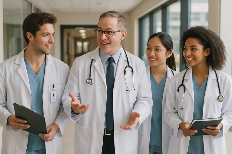 Medical students in a hospital setting, guided by an advisor Medical students in a hospital setting, guided by an advisor